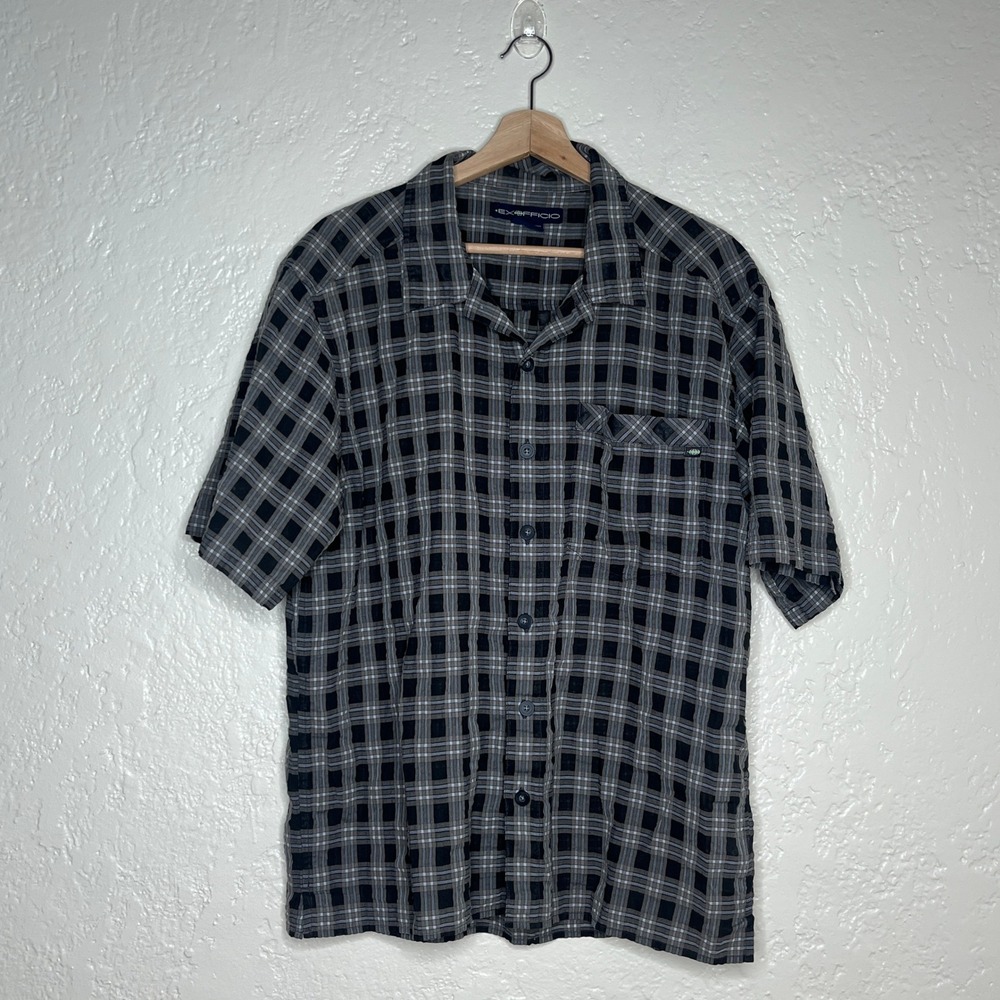 ExOfficio Mens Plaid Short Sleeve Button Up Shirt Black Grey Sheer Hiking Medium